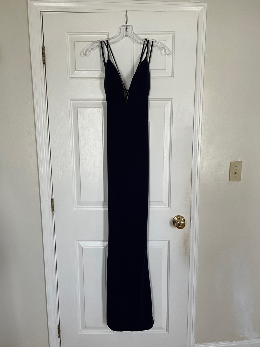 PromGirl Navy Blue Double-Strap V-Neck Maxi Dress